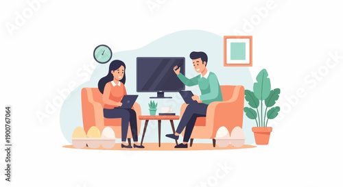 Two people collaborate on a project in a cozy living room setting