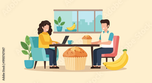 Two people, one working, the other relaxing, at a table with muffins