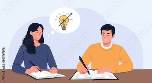 Two people collaborate on an idea, one with a glowing lightbulb in thought
