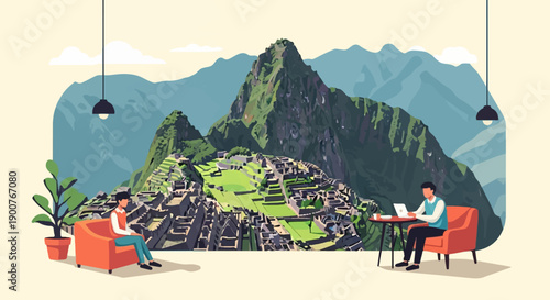 Two people relax in cozy chairs overlooking a scenic mountain vista