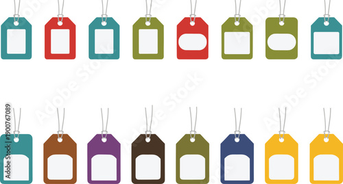 Colorful price tag label icon set with hanging strings featuring blank sale tags for retail, shopping, branding, and product packaging design use