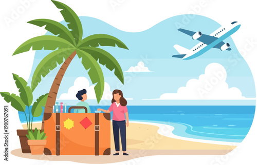 Two people prepare for a vacation with a large suitcase on a beach, plane flies overhead