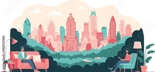 Two people relax in comfortable chairs, working on laptops with city skyline background