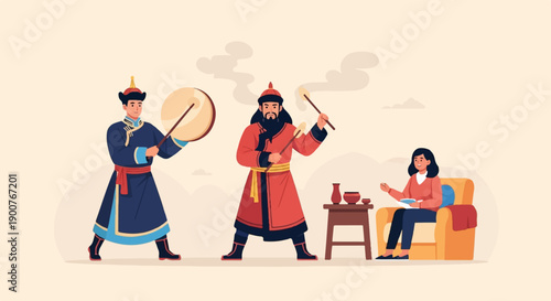 Traditional figures in ethnic attire, one playing a drum and another beating sticks; a person sits in a chair eating