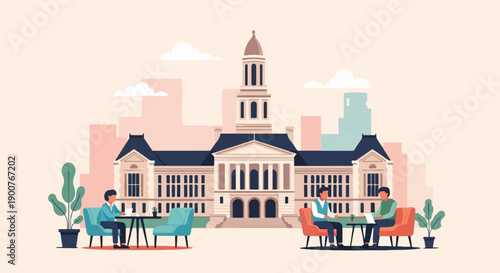 Two pairs of people meet at outdoor tables in front of a grand building