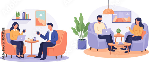 Two pairs of people relaxing in armchairs with laptops and drinks