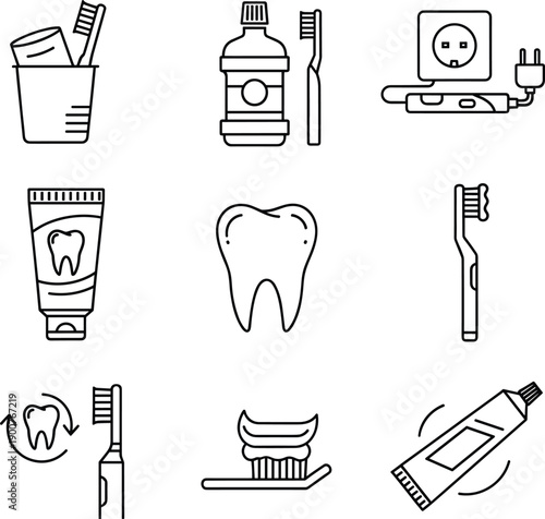 Minimal outline dental hygiene icon set featuring toothbrush, toothpaste, tooth, mouthwash, and oral care symbols for healthcare and medical design projects