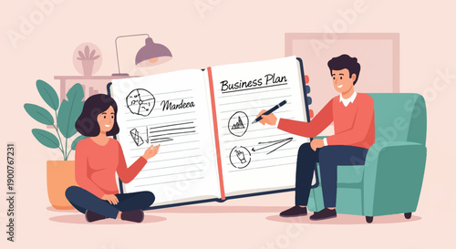 Two people collaboratively working on a business plan in a cozy environment