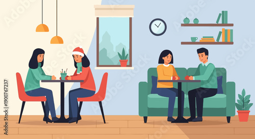 Two pairs of people sit at tables inside a cozy cafe during winter