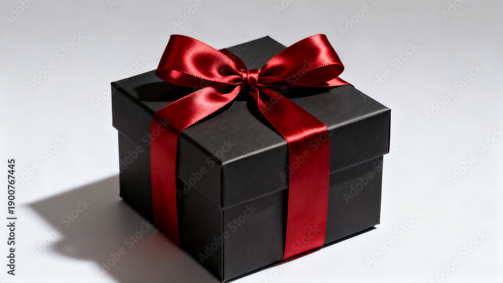 Fototapeta premium A luxurious black gift box adorned with a vibrant red satin ribbon, perfect for any special occasion