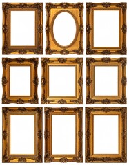 Set of picture frames isolated on white background antique carved gold 