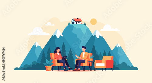 Two people conversing in armchairs before a mountainous landscape