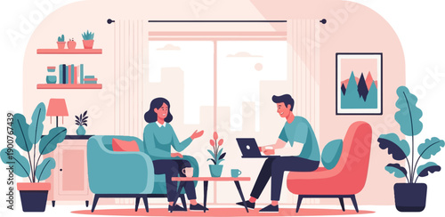 Two people, a woman and a man, work and converse in a modern living room setting