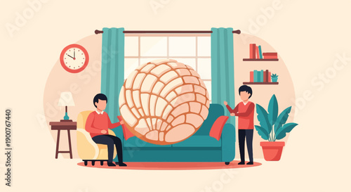 Two people admire a giant pastry in a cozy living room with a clock