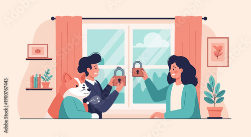 Two people, a dog, and a plant by a window with locks