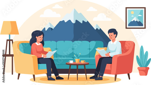 Two people reading in cozy armchairs with mountains in background