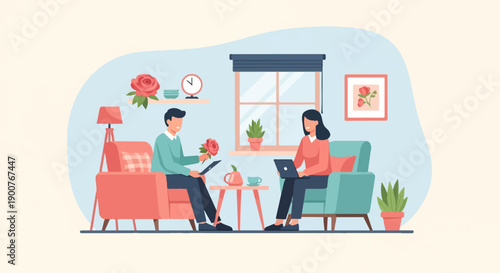 Two people, a man and a woman, relax in chairs with devices