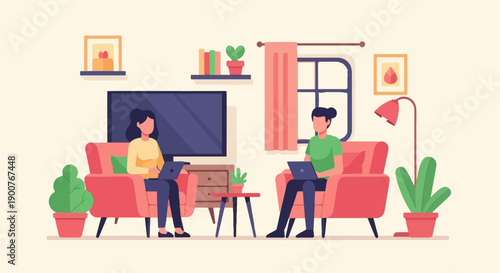 Two people relax in armchairs using laptops in a cozy living room