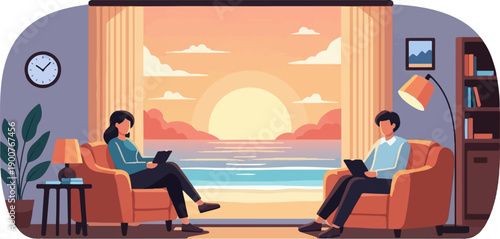 Two people relax in armchairs reading by a window with sunset ocean view