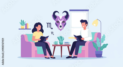 Two people reading on a couch with astrological symbols and a mystical animal head