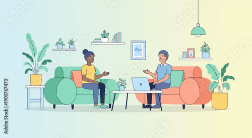 Two people converse in a modern living room with plants and a laptop