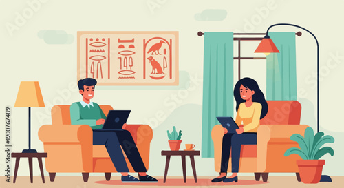 Two people relax in armchairs, each using a laptop or tablet