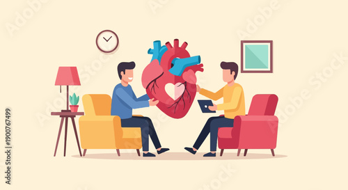 Two people discussing a large human heart, seated in armchairs