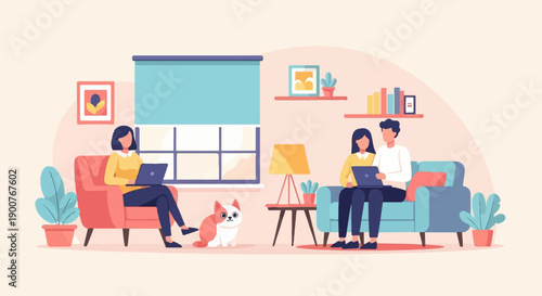 Two people and a cat relax at home, each on a laptop, in a cozy living room