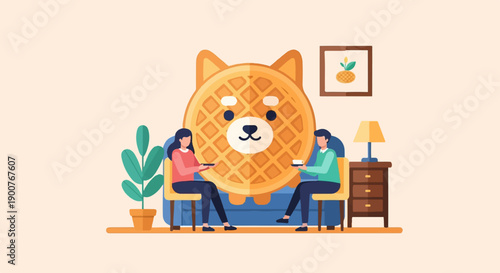 Two people enjoy waffles on a sofa with a giant dog-shaped waffle backdrop