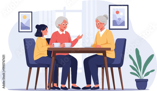 Three women of different ages enjoying a conversation over coffee indoors