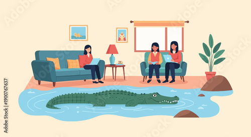 Three women on sofas work on laptops with a crocodile in the water