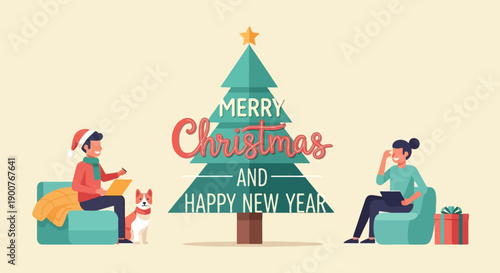 Two people and a dog celebrate Christmas and New Year's