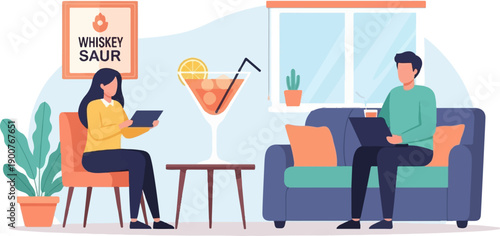 Two people relax in a cozy room with drinks and gadgets
