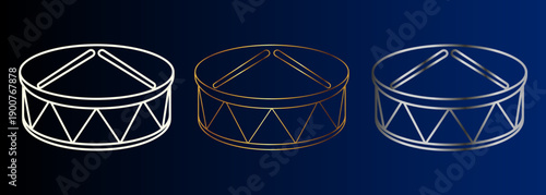 Drum Set Icons Metallic Linear Style Vector Illustration Kit, Percussion Instrument Symbols, Musical Equipment Design