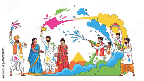 People celebrating holi festival with colorful powders and waters traditional indian clothing vibrant atmosphere joyful expressions cultural event festive background