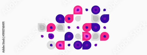 Purple, pink circles varying sizes occupy white space. Abstract composition suggests network, connection, or data points. Simple design.