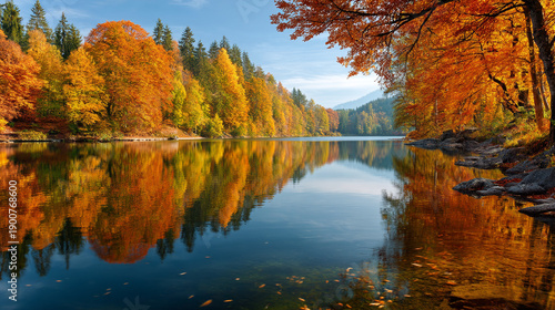 A serene lake surrounded by vibrant autumn trees reflecting on the calm water surface peacefully