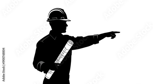 Black silhouette construction worker with blueprint and hard hat pointing on white background vector illustration