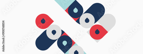 Abstract graphic design features repeating capsule shapes. Red, blue, gray colors dominate composition. Minimalist style, clean lines present.