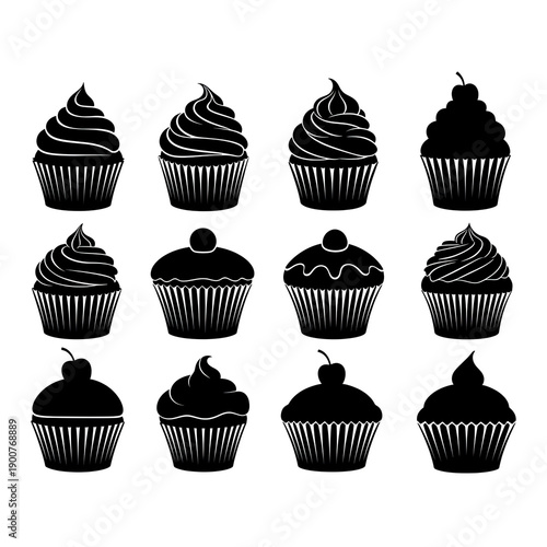 Black silhouette cupcake icons with frosting and toppings in various styles and designs collection