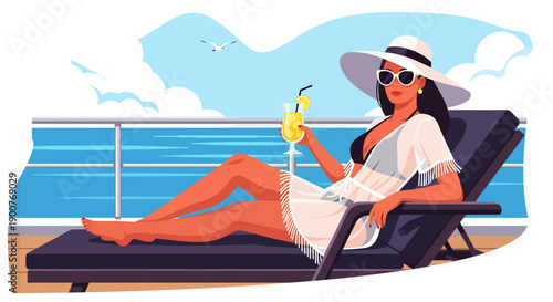 A chic woman in a wide-brimmed hat lounges on a sunny cruise deck, sipping a yellow cocktail while enjoying the calm ocean breeze and scenic view