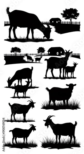 Black silhouette goats in various poses on a farm with a barn and trees background