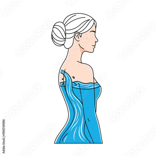 Profile illustration of a woman's body manifesting as flowing water, symbolizing inner calm and purity.