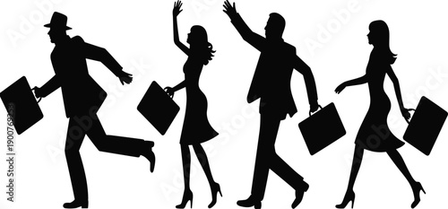 Collection Of Business Professionals Silhouette Carrying Briefcases Waving And Running In Group Concept For Corporate Commuter Lifestyle Busy Morning Rush And Team Career Success