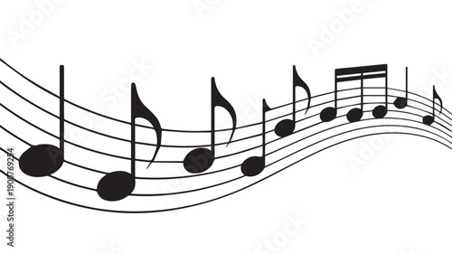 A black and white illustration of musical notes flowing along a wavy staff