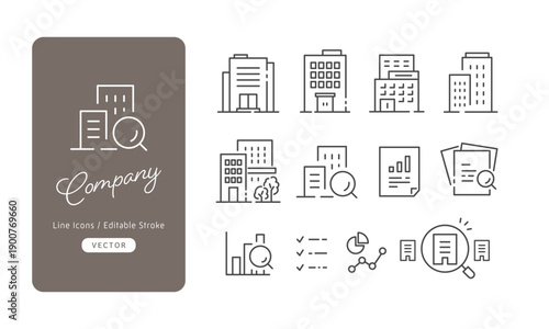 企業研究や会社案内に使えるオフィスビルとグラフのベクターアイコンセット（線画・モノクロ･アウトライン）Editable stroke