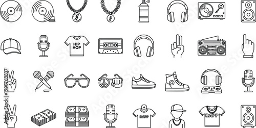 Minimal outline hip hop culture icon set featuring music equipment, street fashion, microphones, headphones, hand gestures, and urban lifestyle symbols