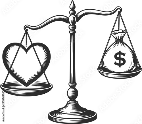 Love Versus Money Balance Scale Black and White Illustration.