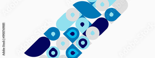 Abstract design features overlapping blue shapes. Circles, semicircles create dynamic composition on white background. Modern, minimalist aesthetic.