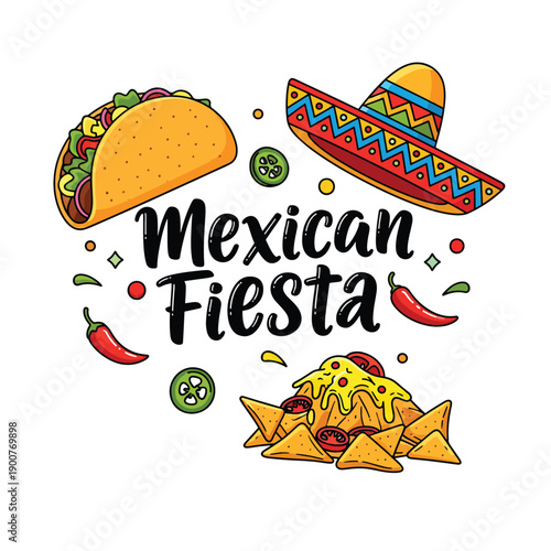 Vibrant Mexican Fiesta celebration with traditional sombrero, taco, and nachos vector art